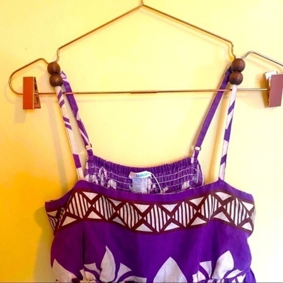 Day Dress Linen Feel Pleated Purple Print Dress - Picture 6 of 12